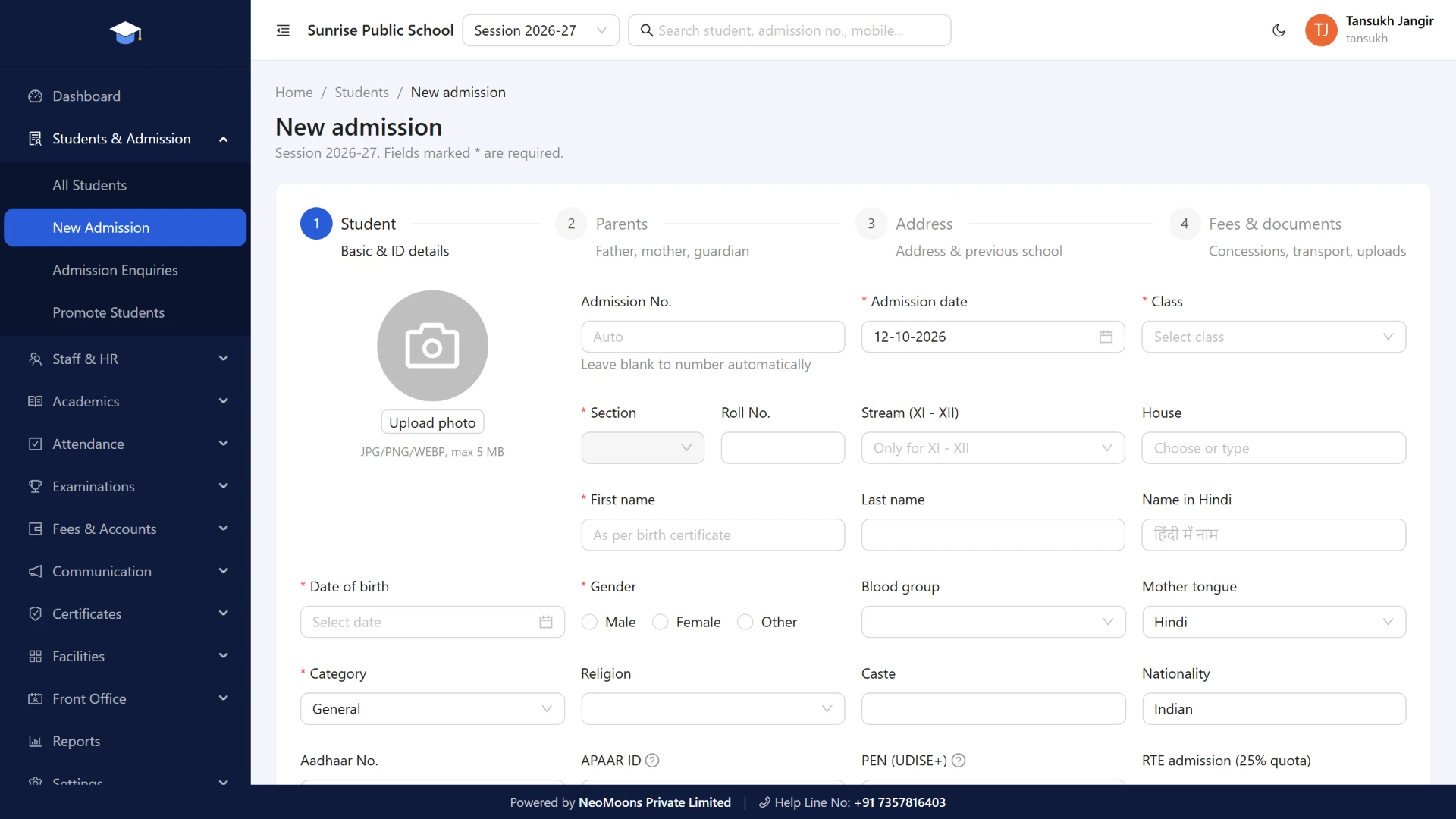 NeoSchool new admission form with UDISE+ fields