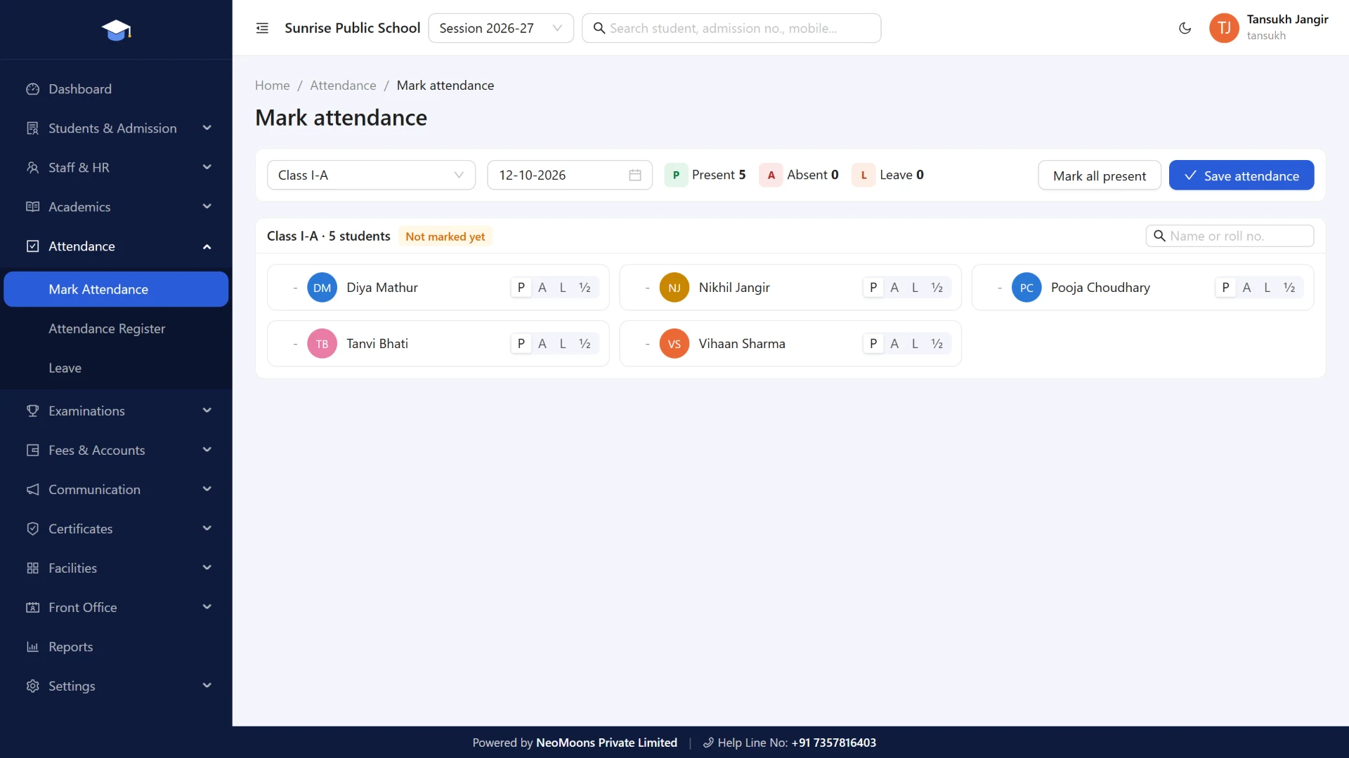 Marking class attendance in NeoSchool