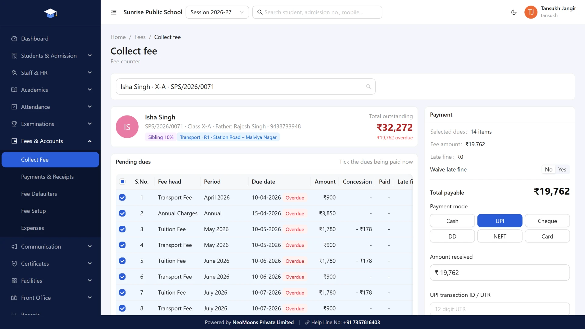 Collect fee screen in NeoSchool with pending dues and payment modes