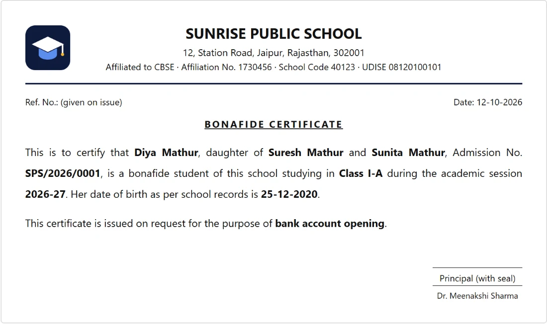 Bonafide certificate printed by NeoSchool