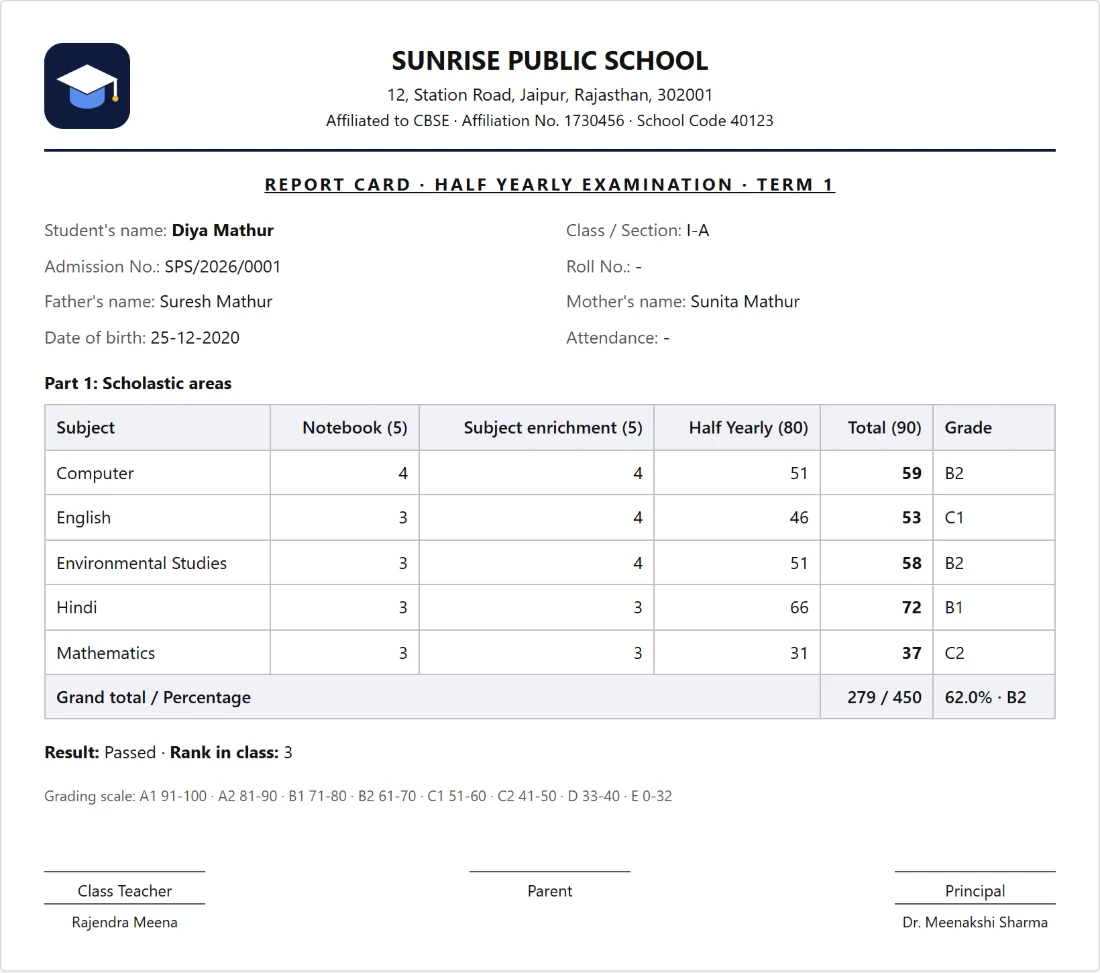 Report card printed by NeoSchool with grades and class rank