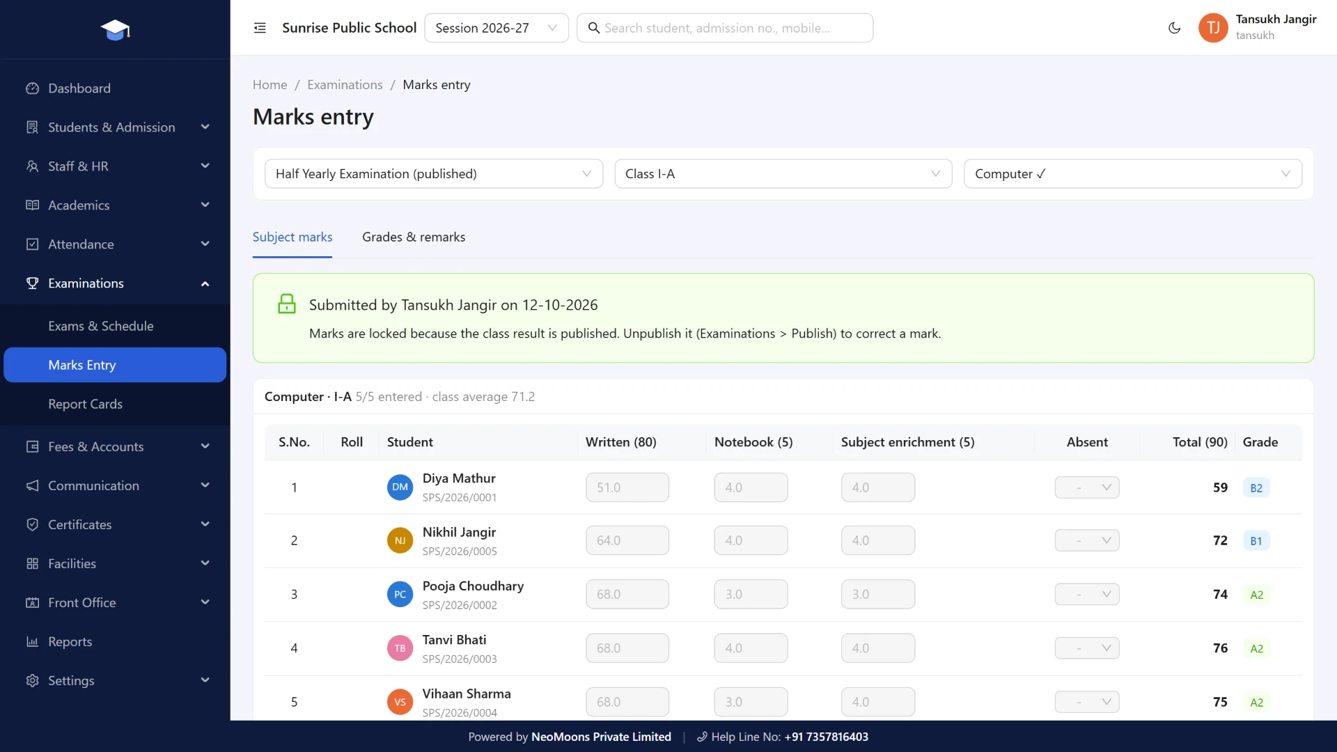 Exam marks entry with grades in NeoSchool