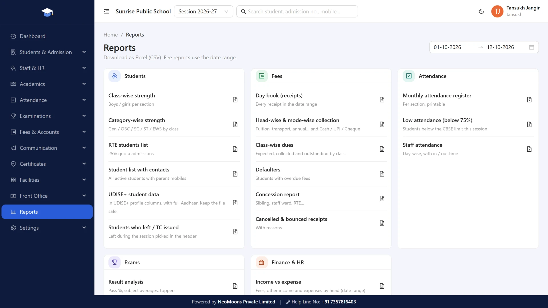 Ready reports for students, fees and attendance in NeoSchool