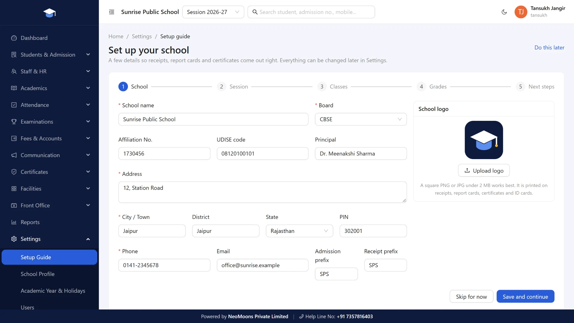 NeoSchool setup guide asking for school name, board, affiliation number, address and logo